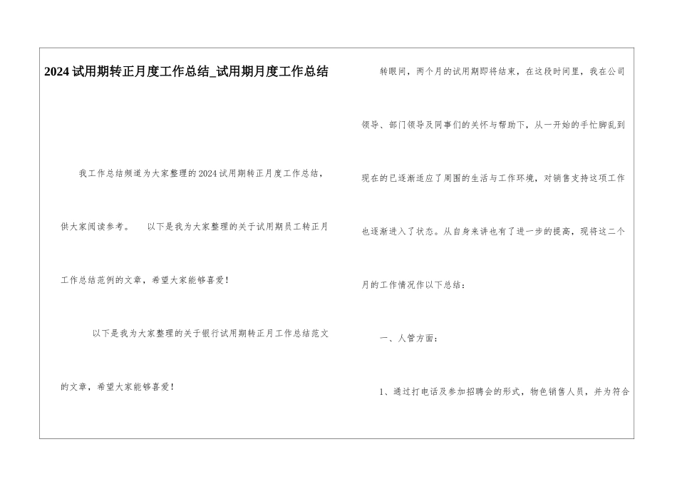 2024试用期转正月度工作总结试用期月度工作总结_第1页