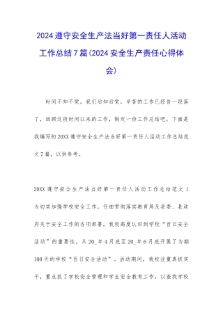 2024遵守安全生产法当好第一责任人活动工作总结7篇