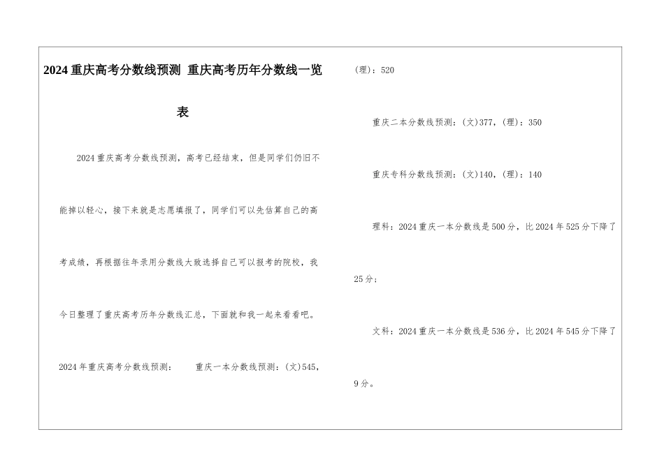 2024重庆高考分数线预测-重庆高考历年分数线一览表_第1页