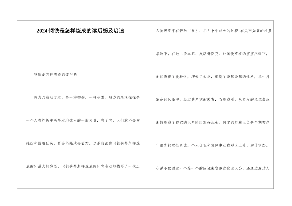 2024钢铁是怎样炼成的读后感及启迪_第1页