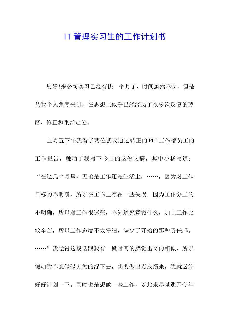 IT管理实习生的工作计划书_第1页