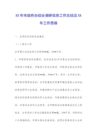 XX年市政府办综合调研信息工作总结及XX年工作思路-