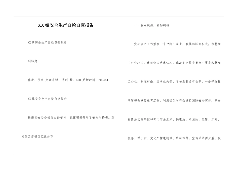 XX镇安全生产自检自查报告_第1页