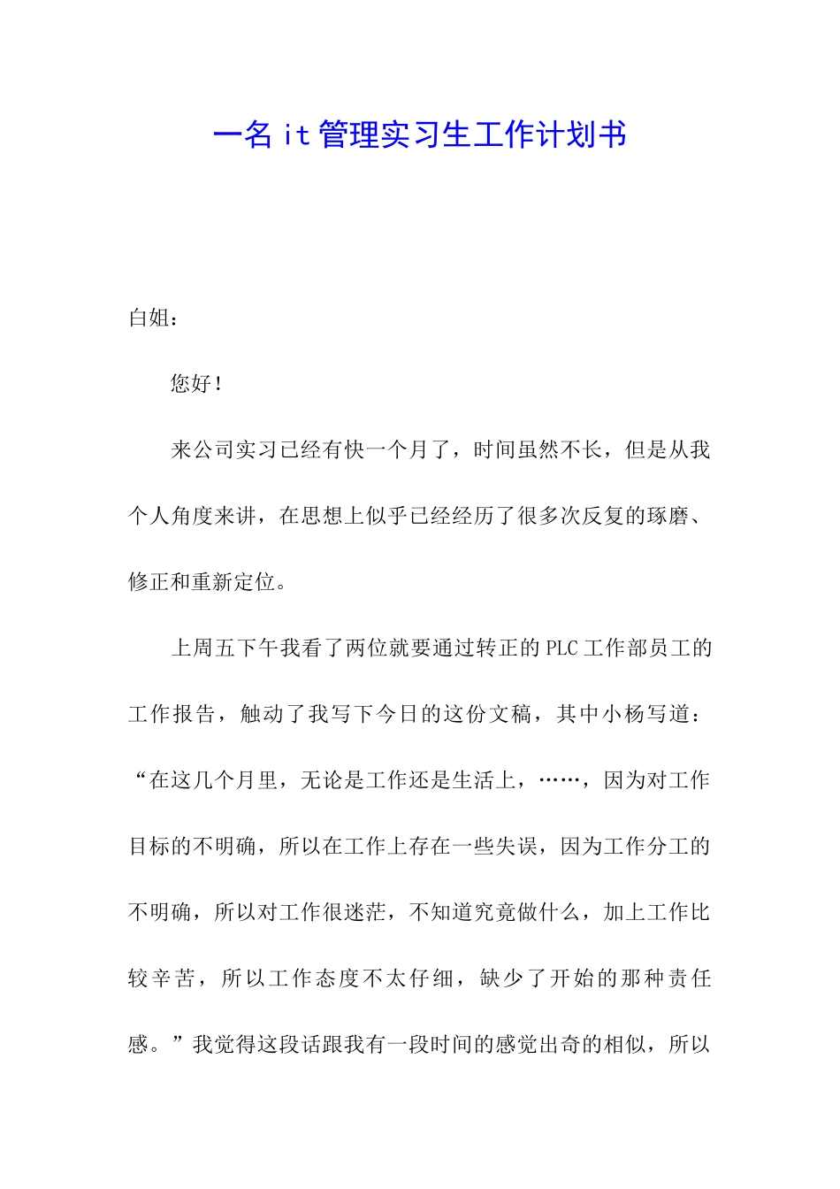 一名it管理实习生工作计划书_第1页