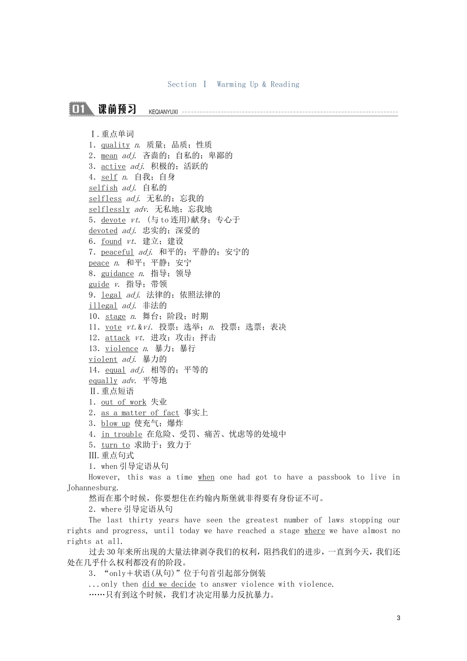 高中英语 Unit 5 Nelson Mandel -- a modern hero Section Ⅰ Warming Up  Reading学案（含解析）新人教版必修1-新人教版高一必修1英语学案_第3页