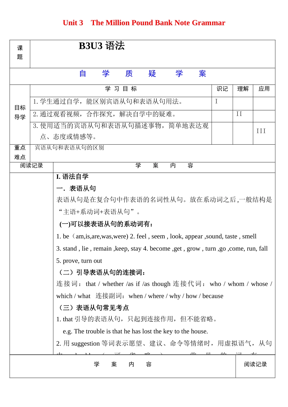 高中英语 Unit 3　The Million Pound Bank Note Grammar学案 新人教版必修3-新人教版高一必修3英语学案_第1页
