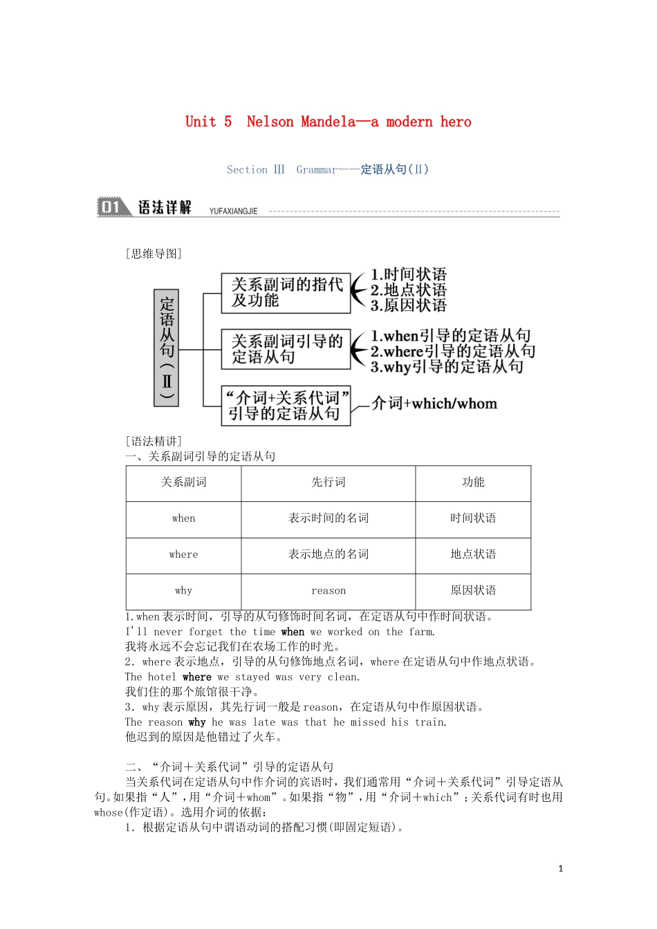 高中英语 Unit 5 Nelson Mandel -- a modern hero Section Ⅲ Grammar—定语从句（Ⅱ）学案（含解析）新人教版必修1-新人教版高一必修1英语学案_第1页