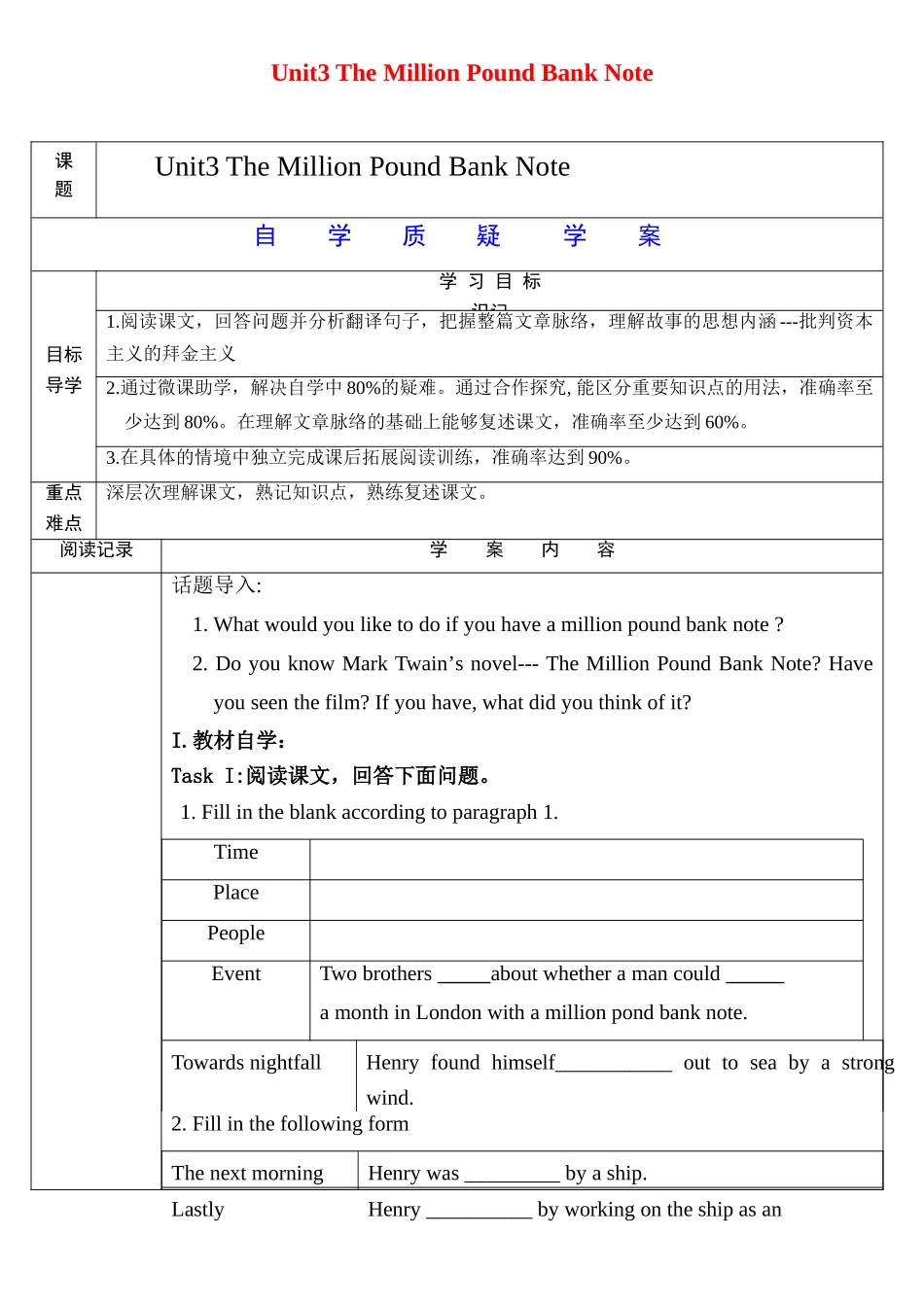 高中英语 Unit 3　The Million Pound Bank Note Reading学案 新人教版必修3-新人教版高一必修3英语学案_第1页