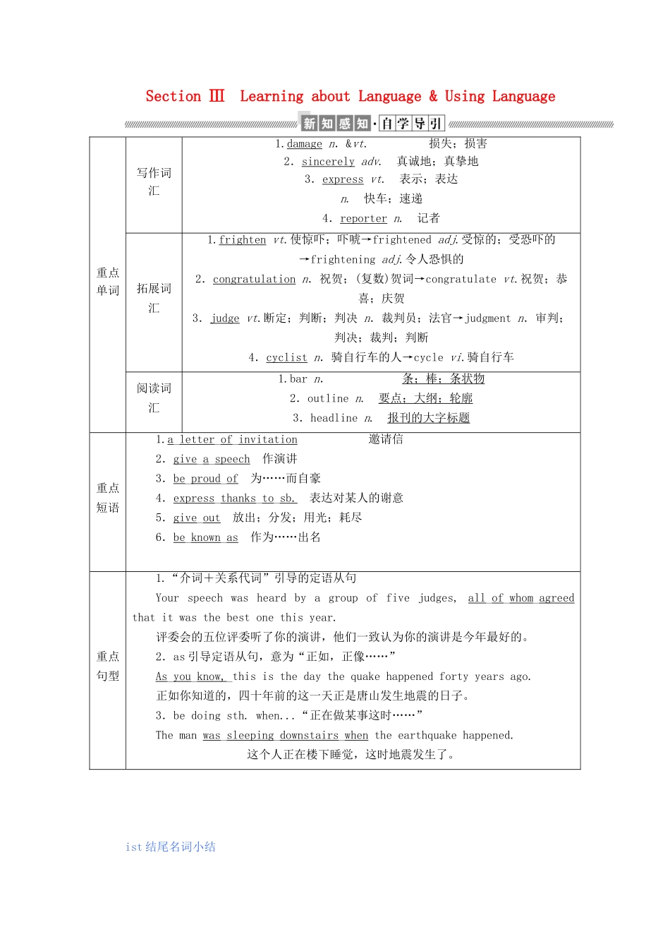 高中英语 Unit 4 Earthquakes Section Ⅲ Learning about Language  Using Language教案（含解析）新人教版必修1-新人教版高一必修1英语教案_第1页