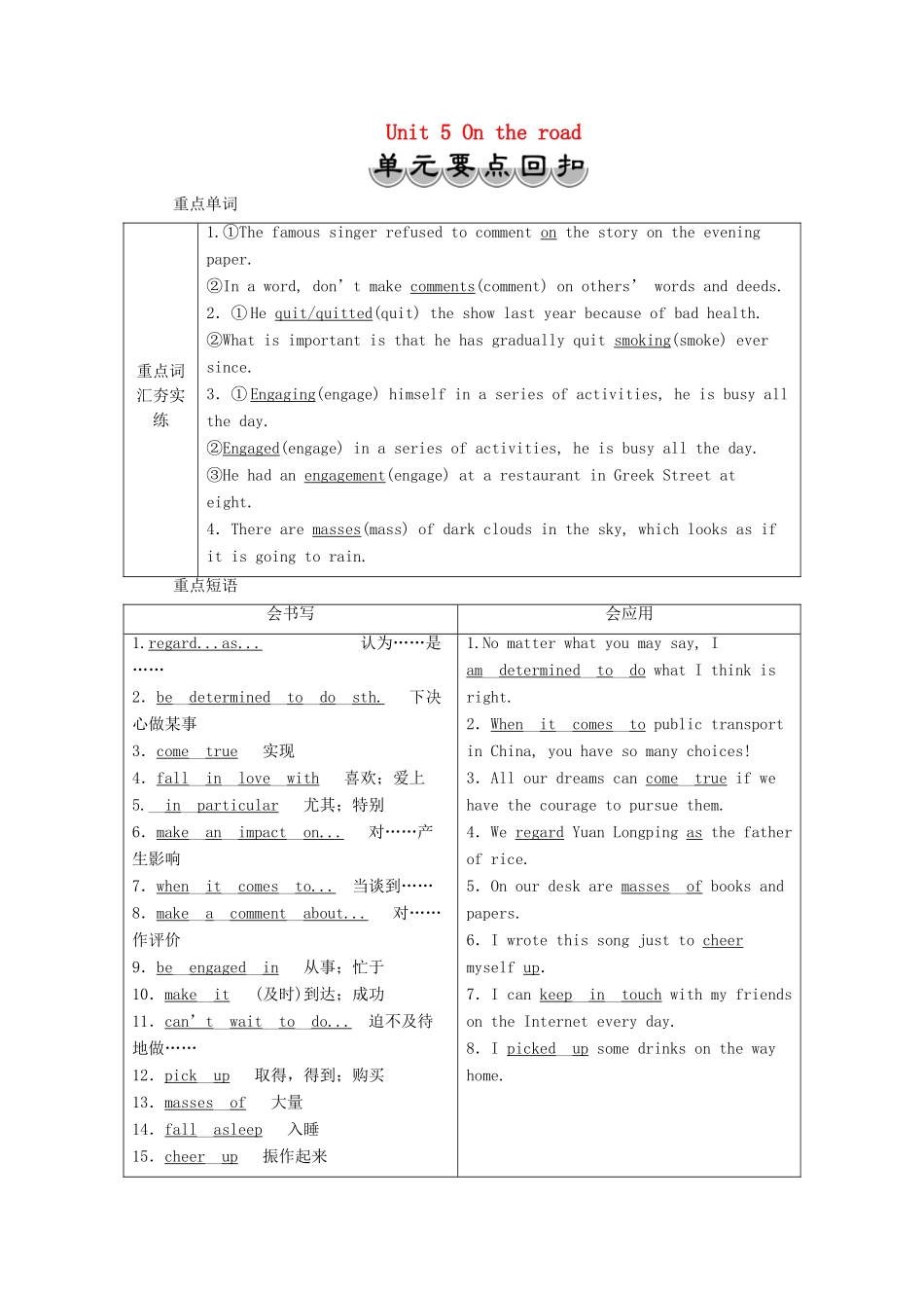 高中英语 Unit 5 On the road 单元要点回扣教学案 外研版必修第二册-外研版高一第二册英语教学案_第1页