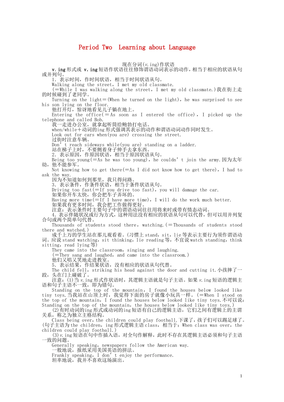 高中英语 Unit 5 Period Two Learning about Language同步教学案 新人教版选修6_第1页