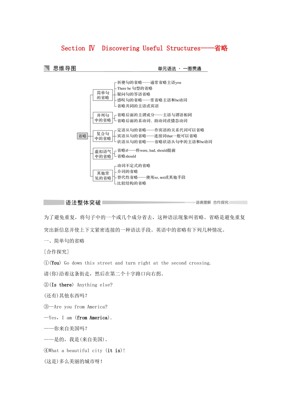 高中英语 Unit 3 DIVERSE CULTURES Section Ⅳ Discovering Useful Structures——省略学案 新人教版必修第三册-新人教版高一第三册英语学案_第1页