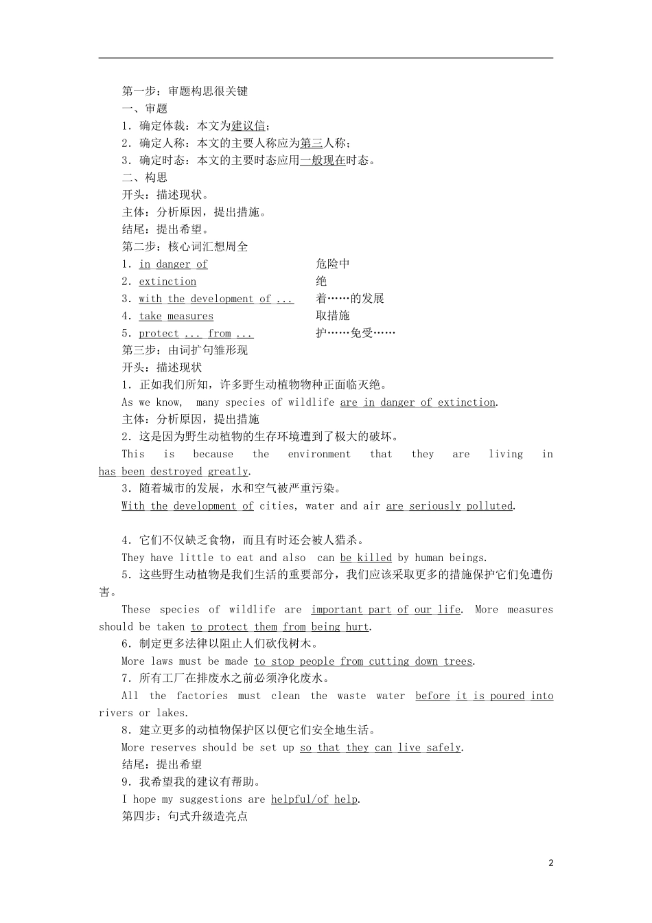 高中英语 Unit 4 Wildlife Protection Section Ⅴ Writing—建议信教学案 新人教版必修2-新人教版高一必修2英语教学案_第2页
