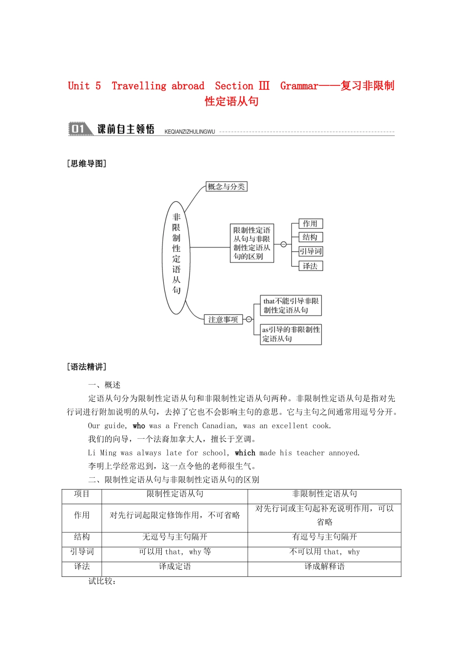 高中英语 Unit 5 Travelling abroad Section Ⅲ Grammar—复习非限制性定语从句学案（含解析）新人教版选修7-新人教版高二选修7英语学案_第1页