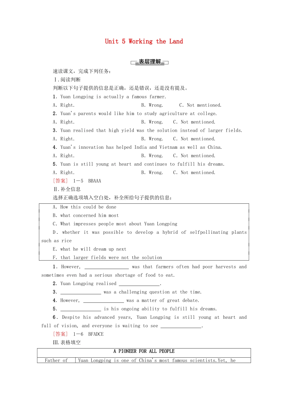 高中英语 Unit 5 Working the Land理解 课文精研读学案 新人教版选择性必修第一册-新人教版高二第一册英语学案_第1页