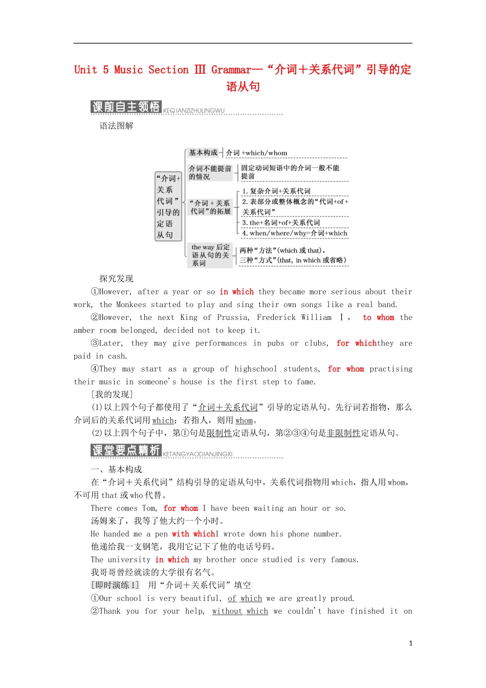 高中英语 Unit 5 Music Section Ⅲ Grammar—“介词＋关系代词”引导的定语从句教学案 新人教版必修2-新人教版高一必修2英语教学案_第1页
