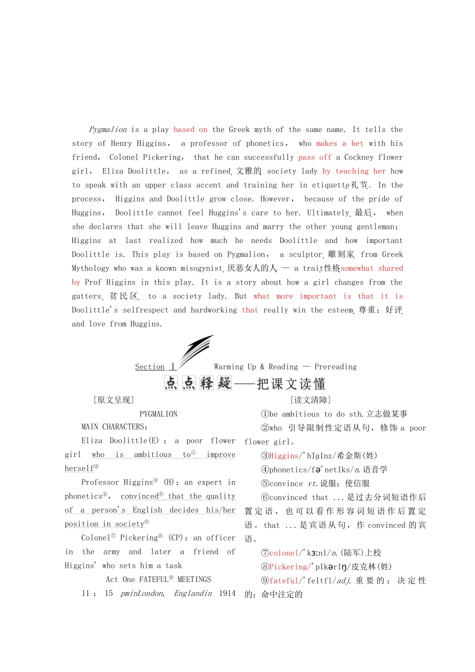 高中英语 Unit 4 Pygmalion Section Ⅰ Warming Up amp；Reading-Pre-reading教学案 新人教版选修8-新人教版高二选修8英语教学案_第2页