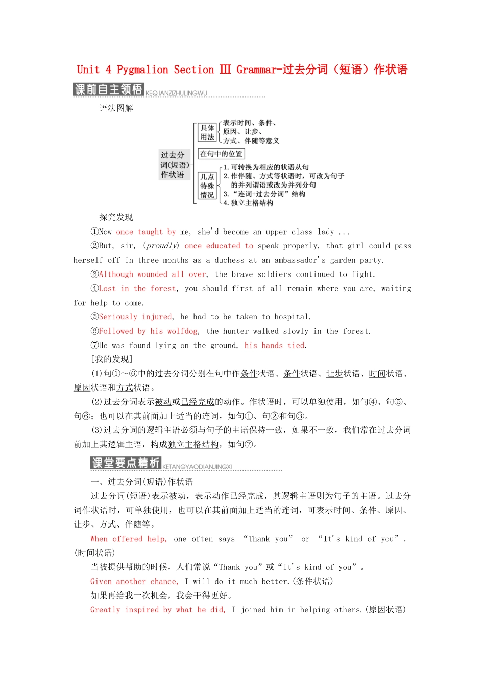 高中英语 Unit 4 Pygmalion Section Ⅲ Grammar-过去分词（短语）作状语教学案 新人教版选修8-新人教版高二选修8英语教学案_第1页