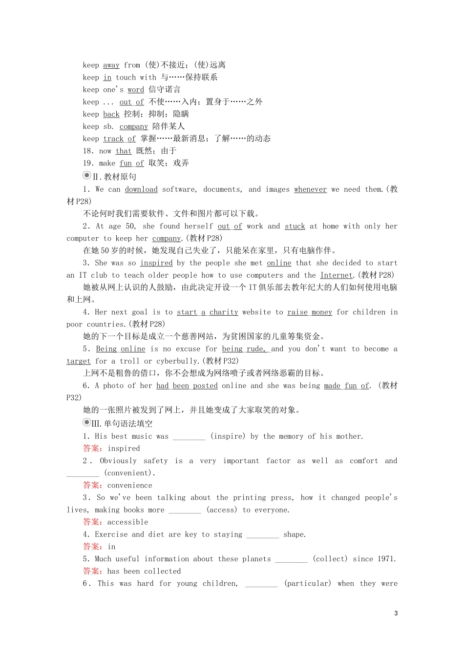 高中英语 Unit 3 The internet 单元重点知识回顾教学案 新人教版必修第二册-新人教版高一第二册英语教学案_第3页