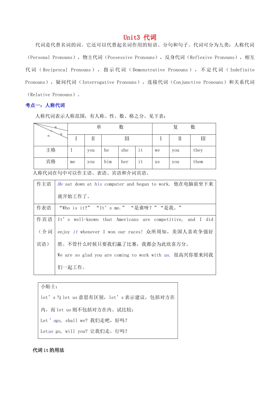 高中英语 Unit3 代词 I语法考点超级归纳素材-人教版高中全册英语素材_第1页