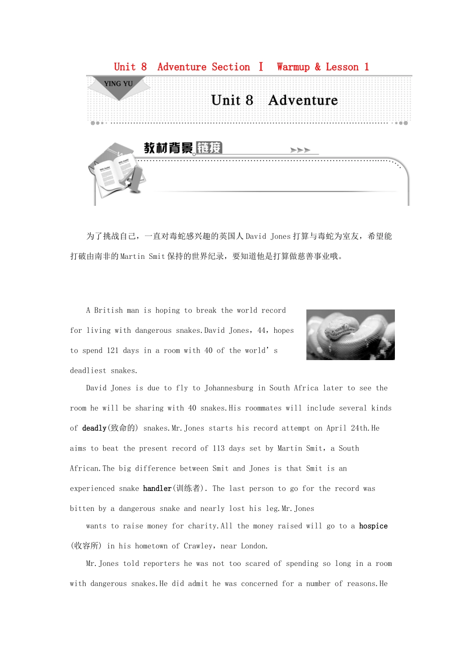 高中英语 Unit 8 Adventure SectionⅠWarm-up  Lesson 1学案 北师大版必修3-北师大版高一必修3英语学案_第1页