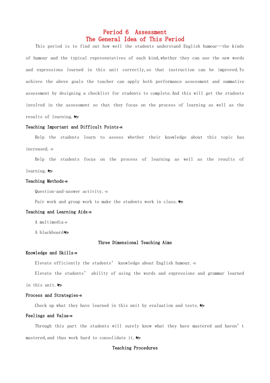 高中英语 Unit3 A taste of English humour Period 6 Assessmentg优秀教案 新人教版必修4_第1页