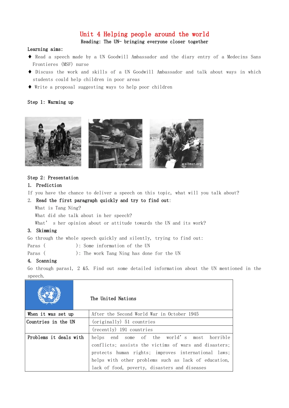 高中英语 Unit4 Helping people around the world Reading学案 牛津译林版选修6-牛津版高二选修6英语学案_第1页