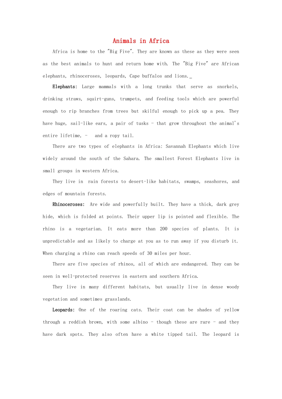 高中英语 Unit2 Wish you were here Animals In Africa素材 牛津译林版必修2-牛津版高一必修2英语素材_第1页