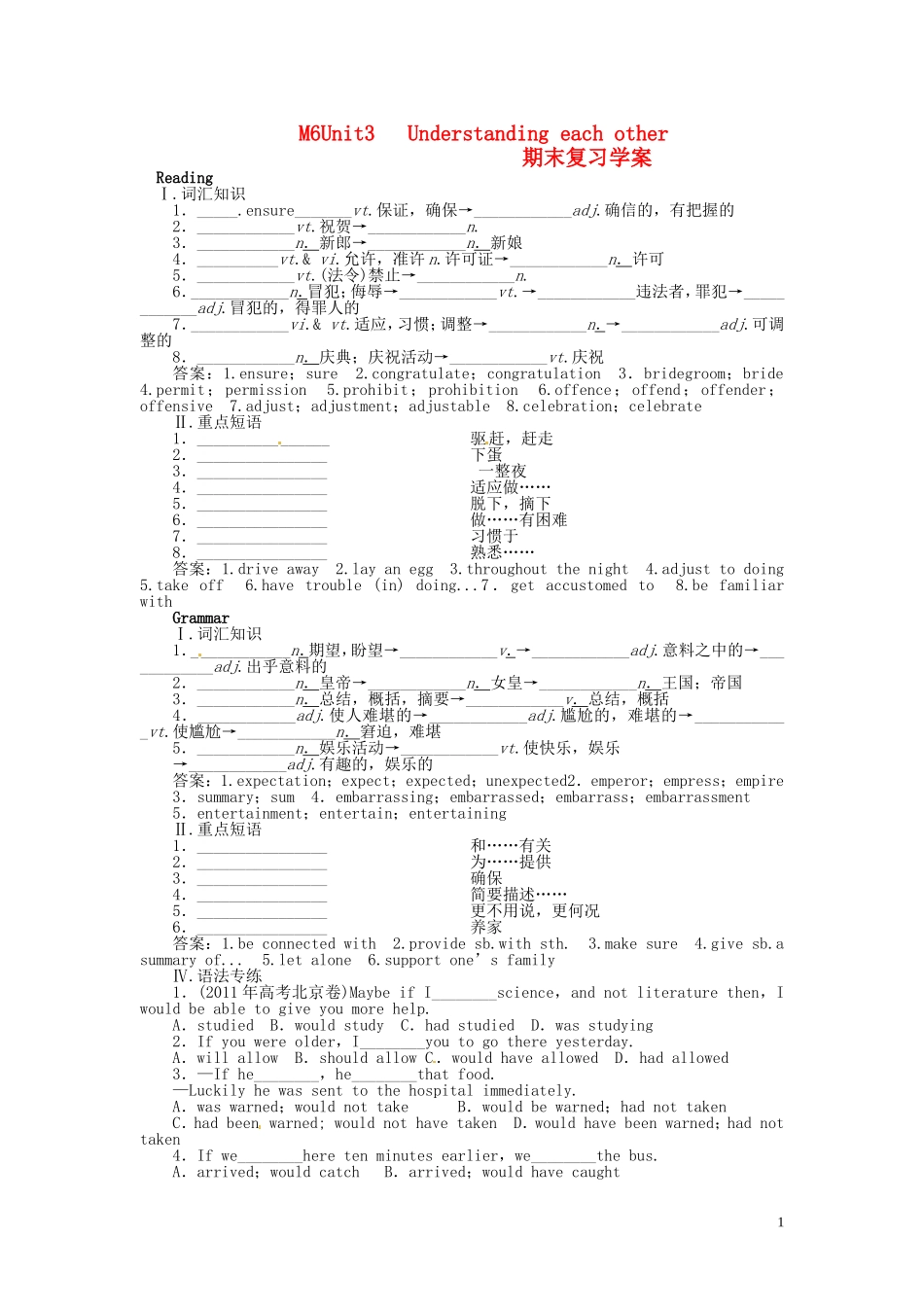 高中英语 Unit3 Understanding each other复习学案 译林牛津版选修6-牛津版高二选修6英语学案_第1页