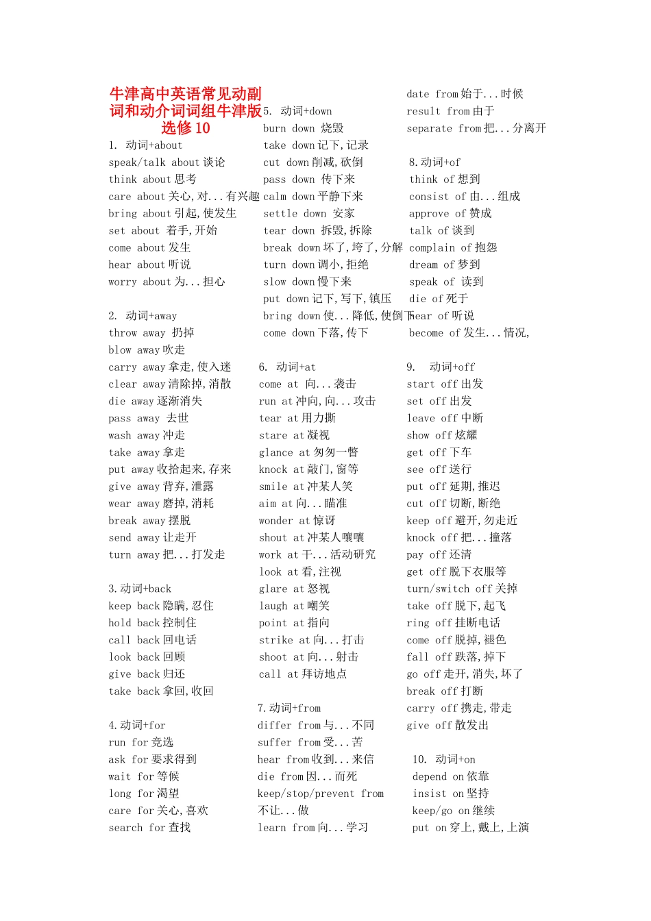 高中英语 常见动副词和动介词词组素材 牛津版选修10_第1页