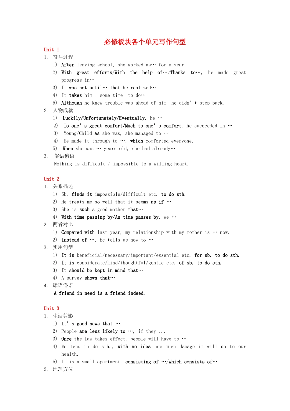 高中英语 单元写作句型素材 新人教版_第1页