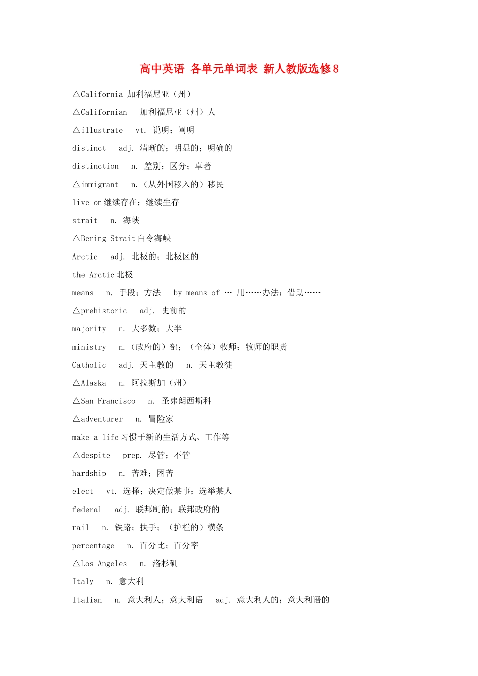 高中英语 各单元单词表 新人教版选修8_第1页