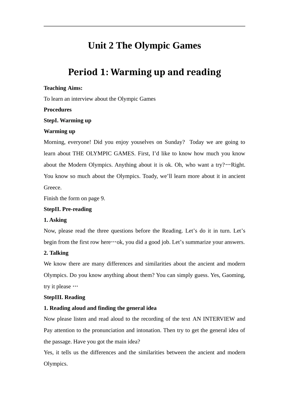 高中英语Unit 2 The Olympic Games Warming up and reading 教案人教版必修二_第1页