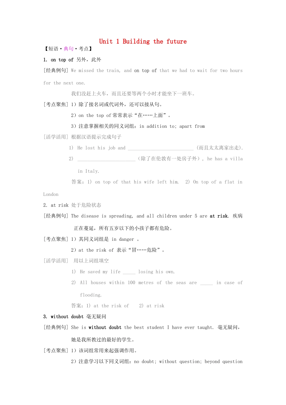 高中英语 短语典句考点 Unit 1 Building the future学案 牛津译林版选修10-牛津版高二选修10英语学案_第1页