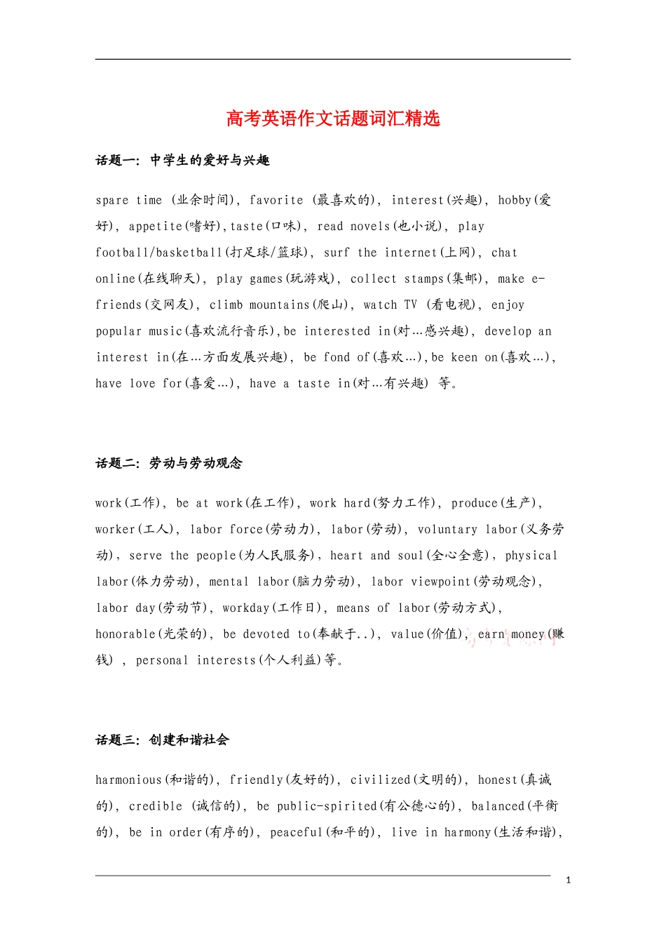 高中英语 高考英语作文话题词汇精选教学素材_第1页