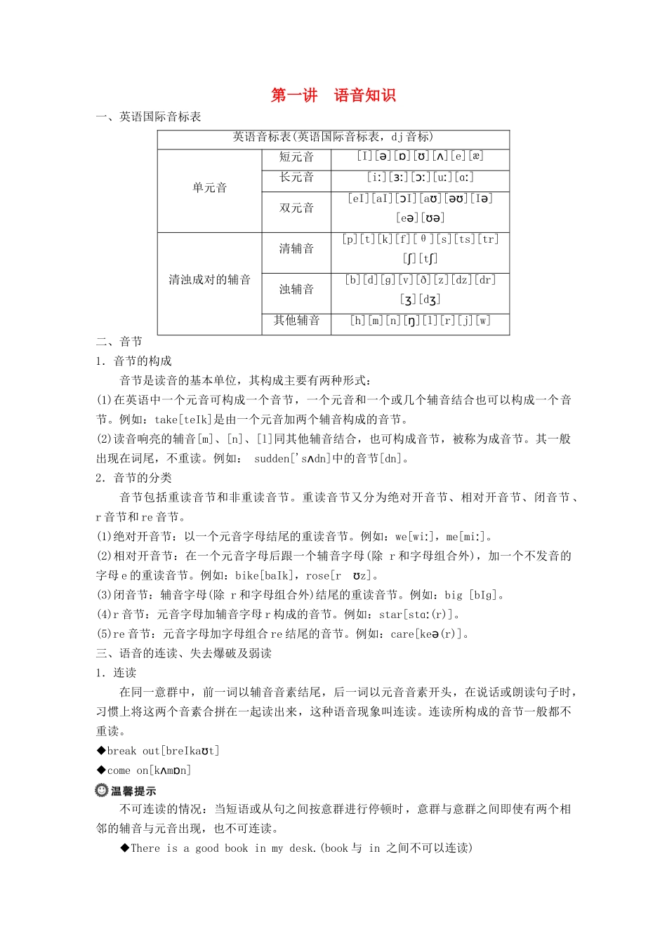 高中英语 崭新天地 初高中知识衔接 第一讲 语音知识学案 新人教版必修1-新人教版高一必修1英语学案_第1页