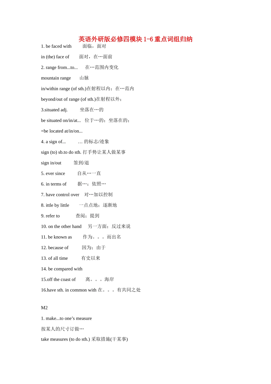 高中英语 模块1-6重点词组归纳 外研版必修4_第1页