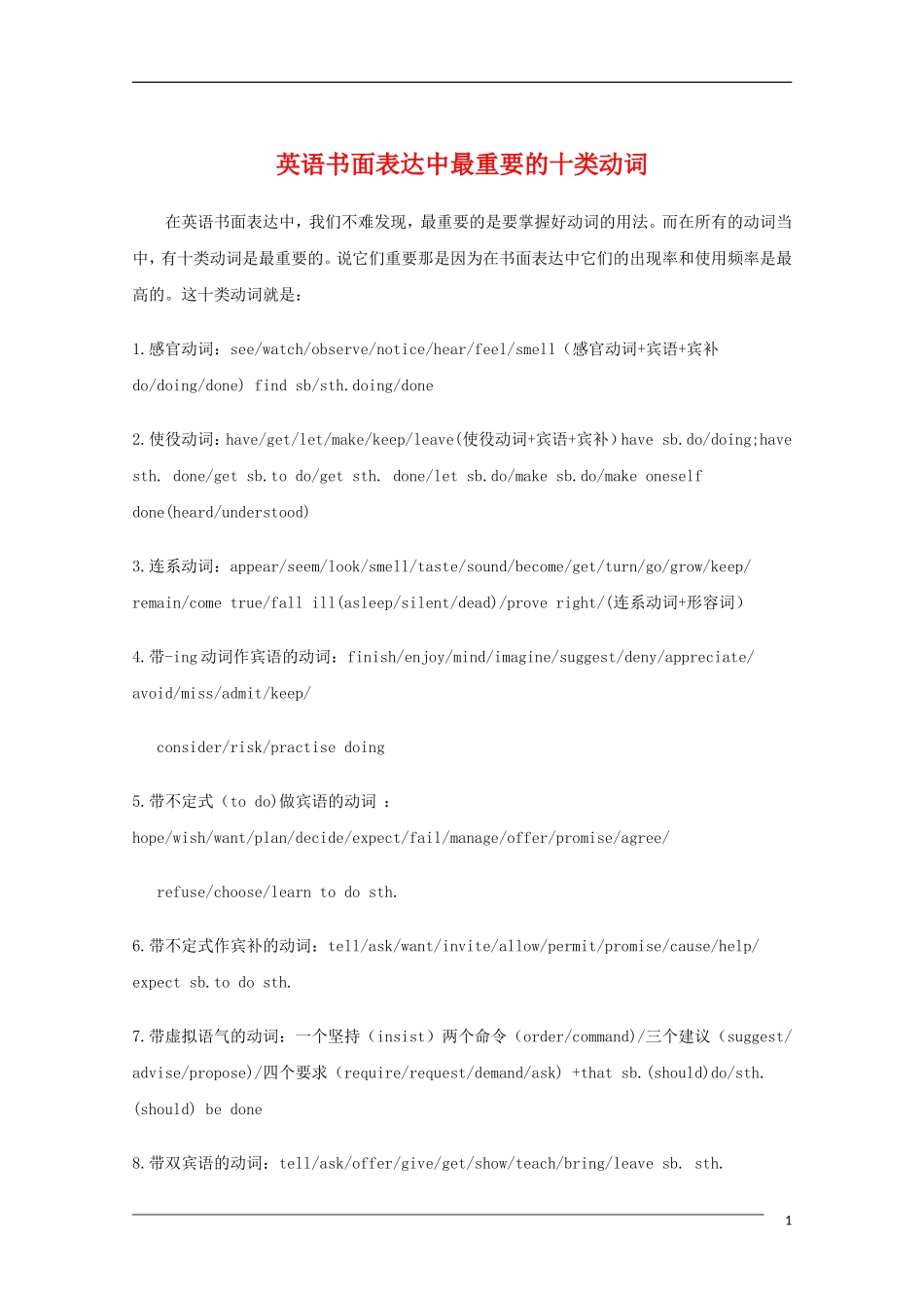 高中英语 英语书面表达中最重要的十类动词教学素材_第1页