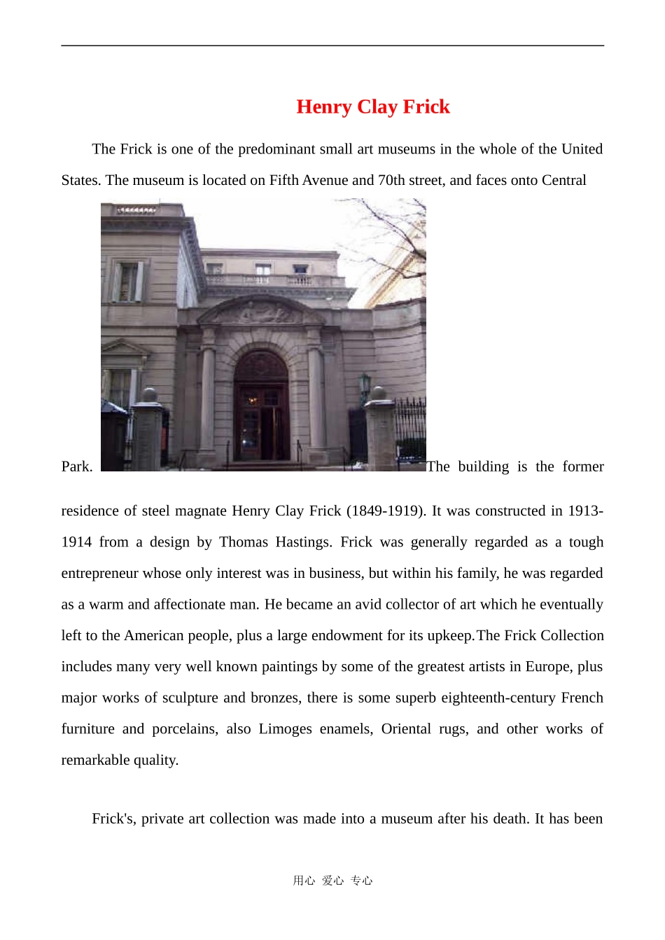 高中英语Unit1 Art课文相关文章Henry Clay Frick素材人教版选修六_第1页