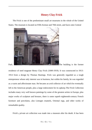 高中英语Unit1 Art课文相关文章Henry Clay Frick素材人教版选修六