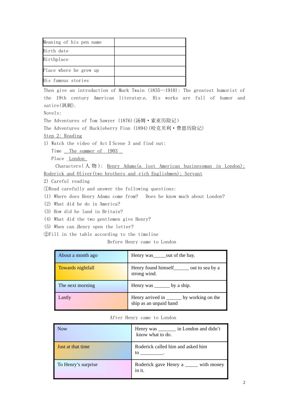 高中英语《Unit 3 The Million Pound Bank Note》Reading导学案 新人教版必修3-新人教版高一必修3英语学案_第2页