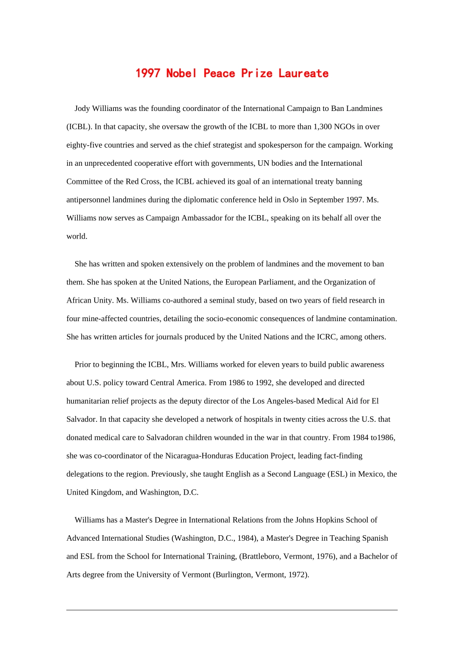 高中英语素材： Nobel Peace Prize Laureate全国通用_第1页