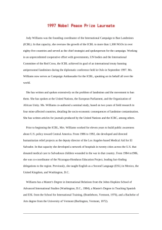 高中英语素材： Nobel Peace Prize Laureate全国通用