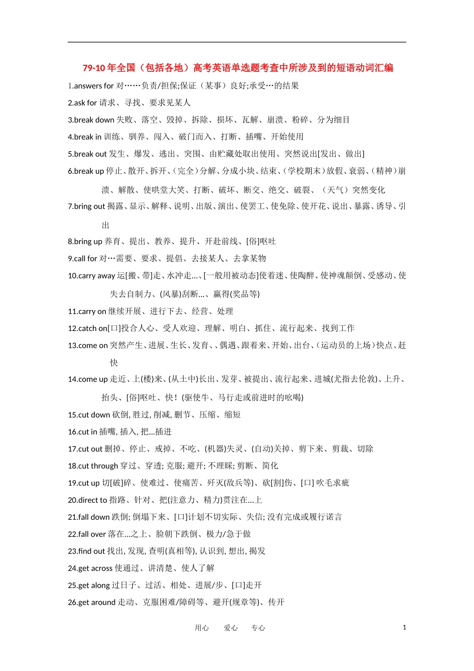 高中英语强档 30年年全国（包括各地）高考英语单选题考查中所涉及到的短语动词汇编（大全）_第1页