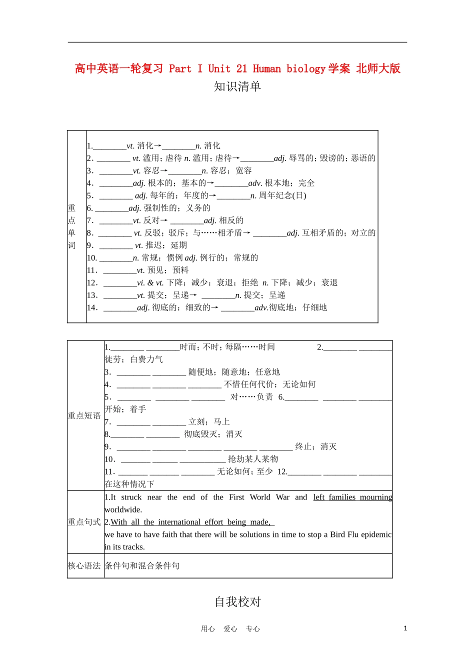 高中英语一轮复习 Part I Unit 21 Human biology学案 北师大版_第1页