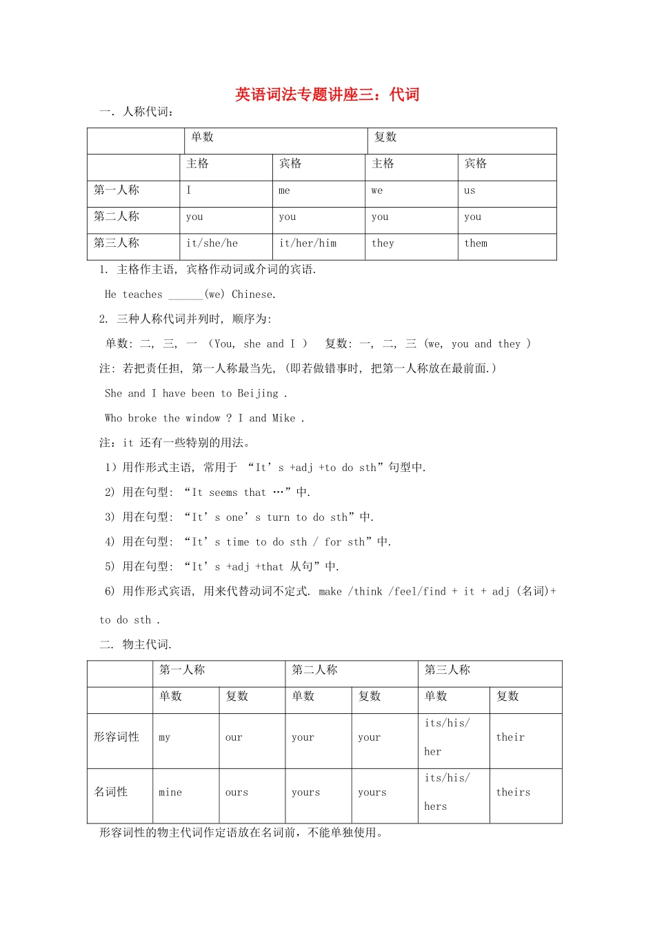 高中英语词法专题讲座三 代词素材-人教版高中全册英语素材_第1页