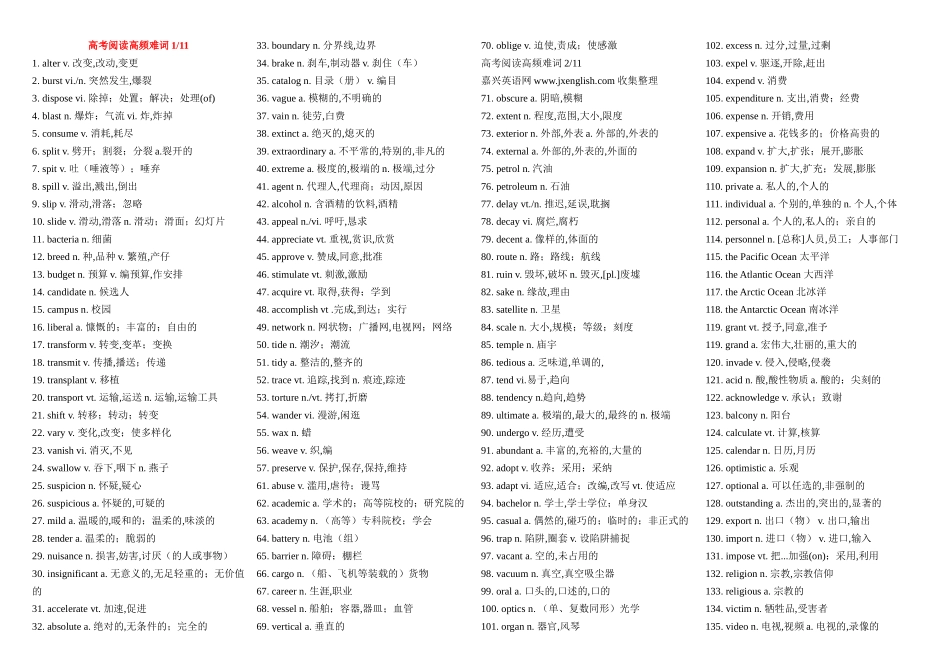 高中英语阅读高频难词素材新人教版选修1_第1页