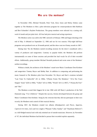 高中英语：unit5 music相关素材 who are the monkees 新人教必修2 