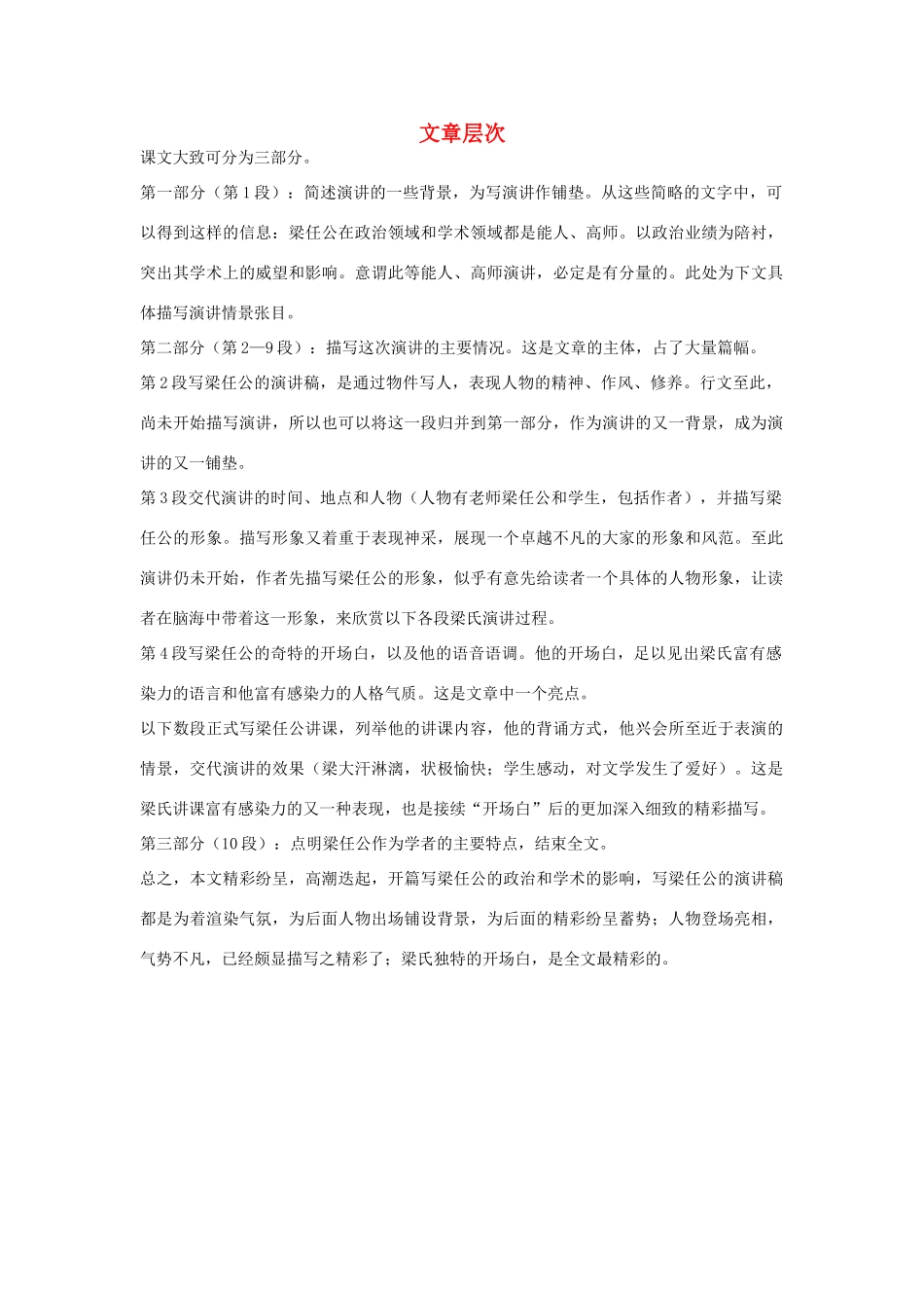 高中语文 3.9 记梁任公先生的一次演讲 文章层次素材 新人教版必修1-新人教版高中必修1语文素材_第1页