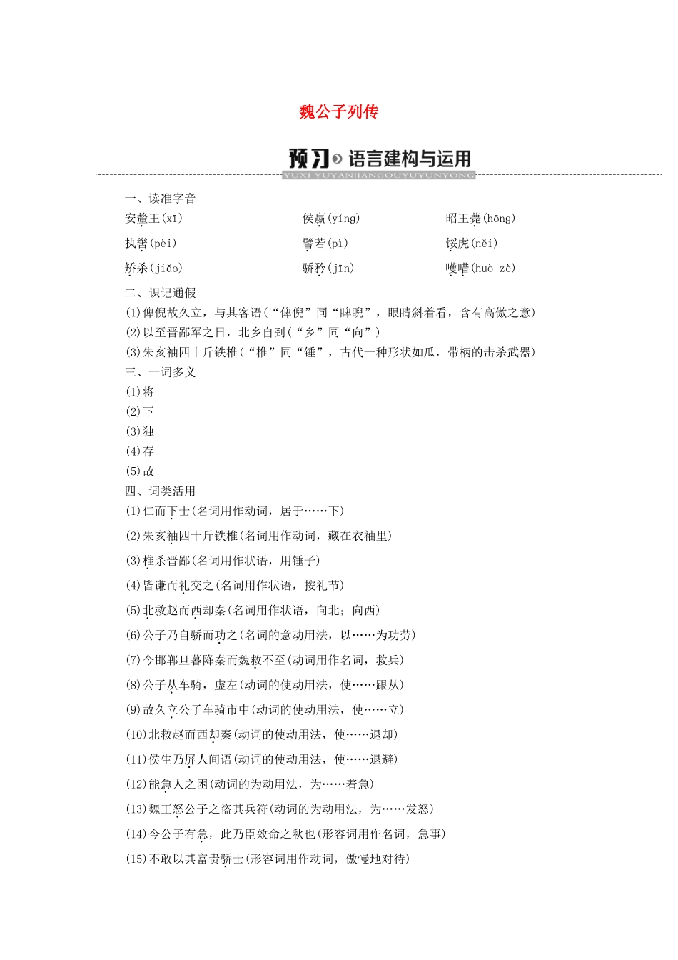 高中语文 16 魏公子列传学案（含解析）苏教版选修《史记选读》-苏教版高中选修语文学案_第1页